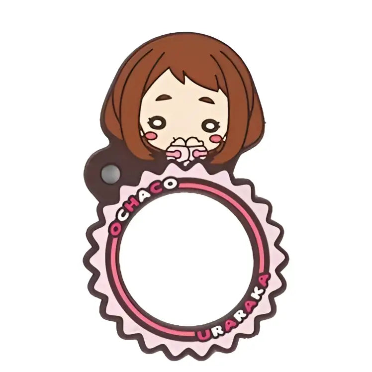 Pink and white ochaco uraraka hero academia rubber keychain in circular frame made of pvc material