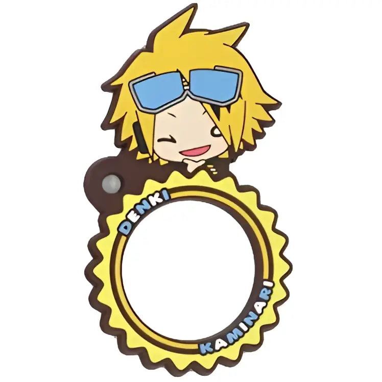 Yellow spiky-haired hero academia character denki kaminari on blue rubber keychain with pvc material and sunglasses