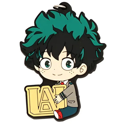 My hero academia deku rubber keychain featuring green and black hair pvc material with beige jacket and blue pants