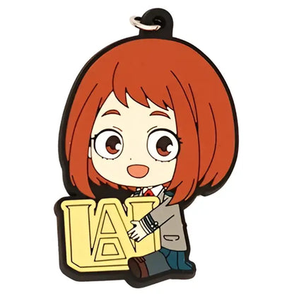 Red-haired hero academia deku rubber keychain in beige coat and blue pants holding golden lap letters made of pvc material