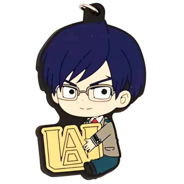 Blue-haired deku hero academia rubber keychain with glasses beige jacket and golden lai letters made of pvc material