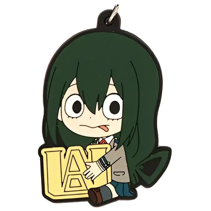 Dark green pvc rubber keychain featuring chibi deku from my hero academia holding golden lap emblem