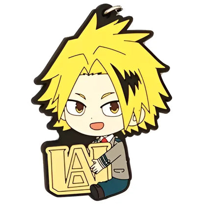 Yellow spiky-haired hero academia deku rubber keychain holding a golden lap sign made of pvc material