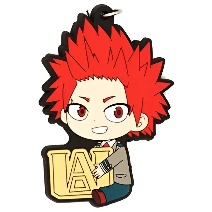 Red-haired hero academia rubber keychain featuring spiky hair character holding golden lac plaque in pvc material