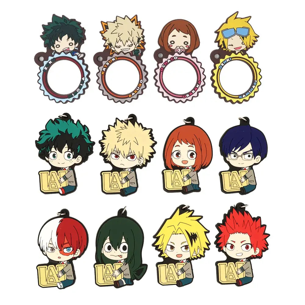 Chibi my hero academia Deku rubber keychain with colorful pvc figures holding golden UA plaques