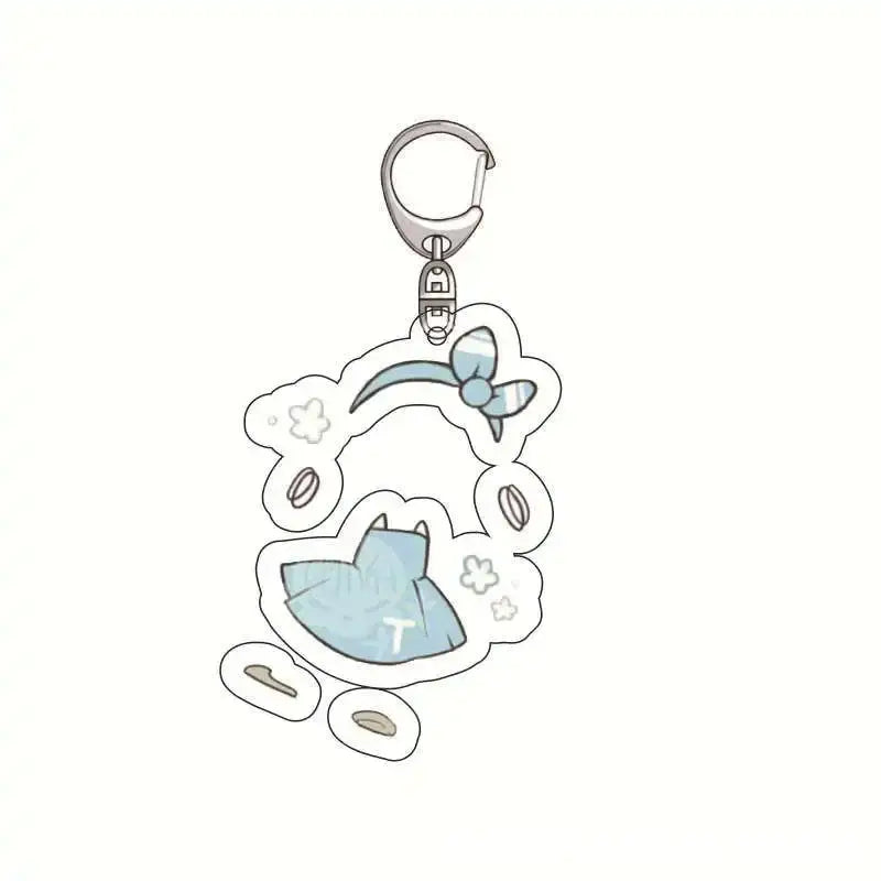 A light blue acrylic keychain featuring izuku midoriya in a dress with cloud outlines from hero academia