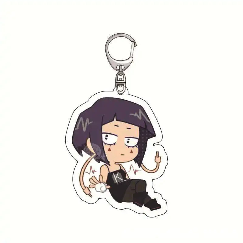 Black and white lightweight acrylic keychain featuring a chibi izuku midoriya from my hero academia in black overalls
