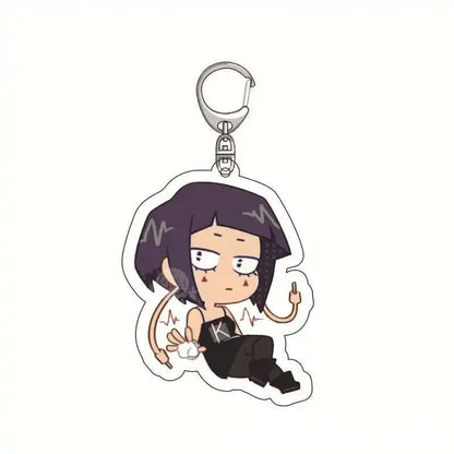 Black and white lightweight acrylic keychain featuring a chibi izuku midoriya from my hero academia in black overalls