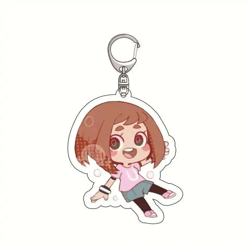 Lightweight acrylic hero academia keychain featuring a translucent chibi girl with brown hair in pink and blue attire