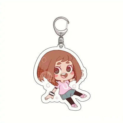Lightweight acrylic hero academia keychain featuring a translucent chibi girl with brown hair in pink and blue attire