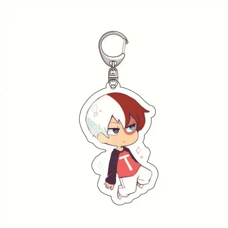 Translucent lightweight acrylic keychain featuring a chibi hero academia character with half-white half-red hair and red shirt