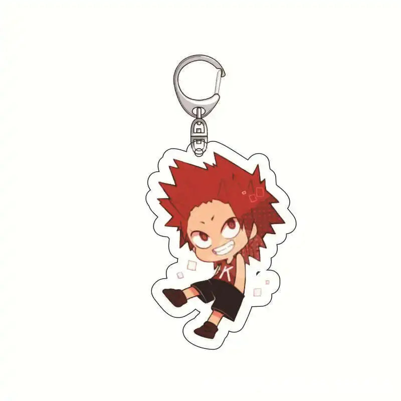 Red-haired chibi acrylic keychain with black shorts and white k on chest featuring silver clip from hero academia izuku midoriya