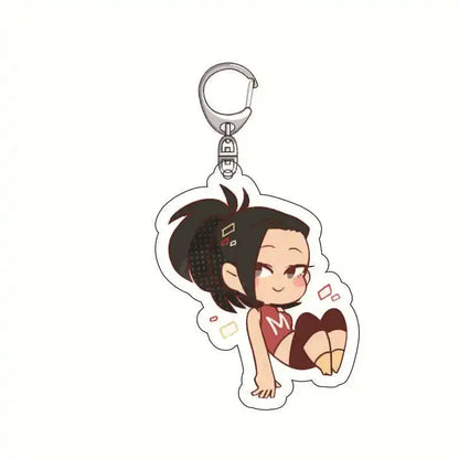 Chibi-style hero academia acrylic keychain featuring a black haired girl in red sports top and brown shorts lightweight acrylic charm