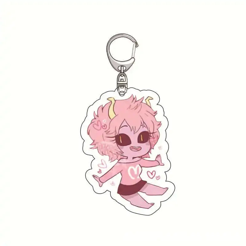 Pink-haired chibi hero academia acrylic keychain with yellow horns heart-patterned top lightweight acrylic charm