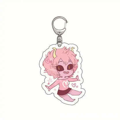 Pink-haired chibi hero academia acrylic keychain with yellow horns heart-patterned top lightweight acrylic charm
