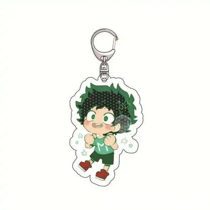 A clear acrylic keychain featuring chibi izuku midoriya with spiky green hair from hero academia surrounded by white stars