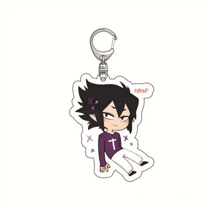 Purple and white hero academia izuku midoriya acrylic keychain featuring chibi anime character with black spiky hair