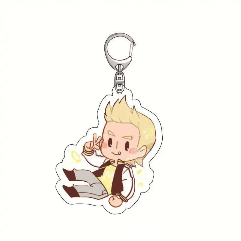 Chibi-style blonde hero academia acrylic keychain featuring izuku midoriya in a white jacket and peace sign pose