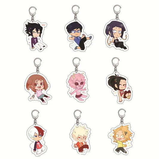 Nine chibi hero academia acrylic keychains with lightweight clear acrylic bodies and silver metal clasps for anime charm