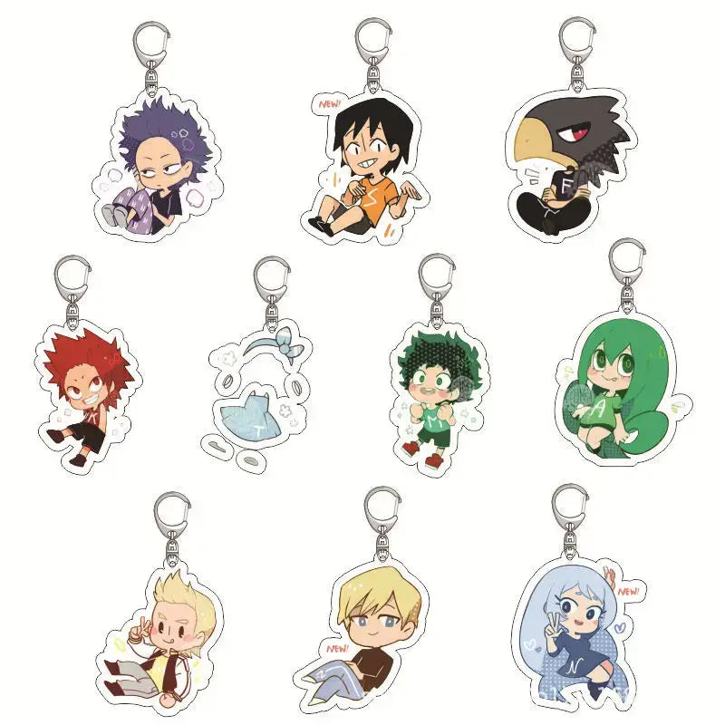 Set of nine hero academia acrylic keychains featuring colorful chibi izuku midoriya characters with silver clasps