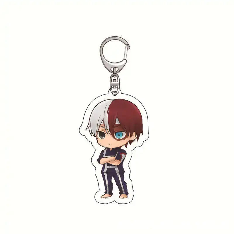 Chibi-style hero academia izuku midoriya acrylic keychain with half red white hair and blue eyes in dark uniform