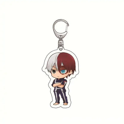 Chibi-style hero academia izuku midoriya acrylic keychain with half red white hair and blue eyes in dark uniform