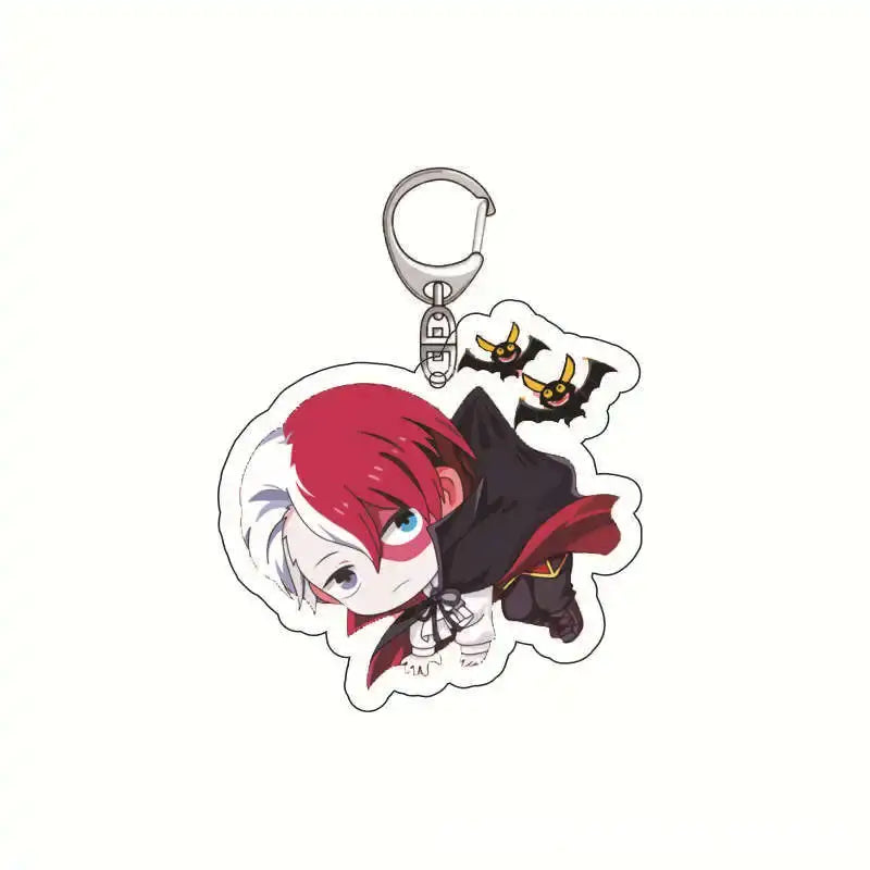 Red and white izuku midoriya hero academia acrylic keychain with silver clip and black bats background