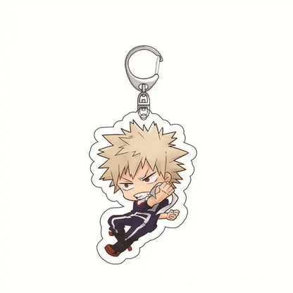 Silver-toned acrylic keychain featuring a chibi izuku midoriya in dark blue uniform from hero academia collection