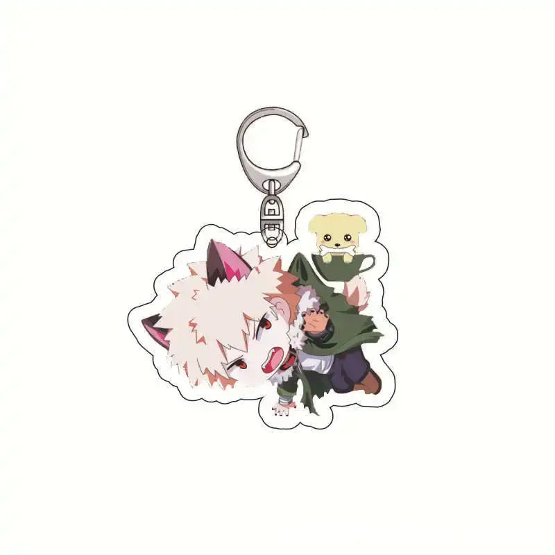 White and pink acrylic keychain featuring izuku midoriya and characters from hero academia with a small yellow dog design
