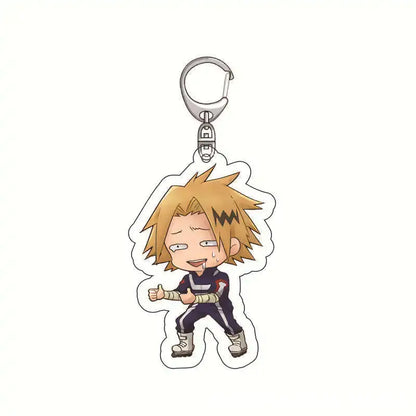 Chibi-style hero academia izuku midoriya acrylic keychain with spiky blonde hair and dark blue uniform on silver clip