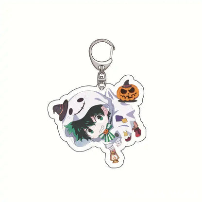 My Hero Academia Izuku Midoriya acrylic keychain featuring a chibi green-haired ghost costume with pumpkin accessory