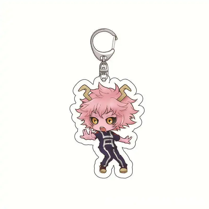 Pink-haired chibi hero academia acrylic keychain with gold horns yellow eyes in black and white izuku midoriya uniform