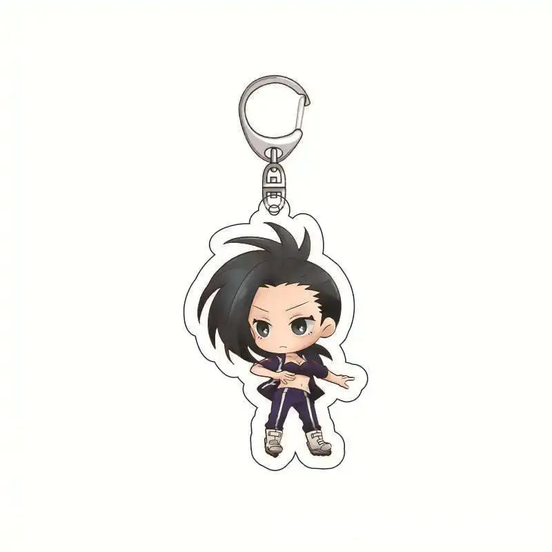 Chibi-style izuku midoriya acrylic keychain with spiky black hair and purple outfit on silver-toned metal clip hero academia accessory