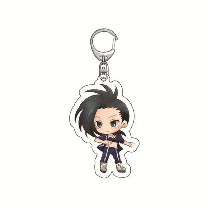 Chibi-style izuku midoriya acrylic keychain with spiky black hair and purple outfit on silver-toned metal clip hero academia accessory