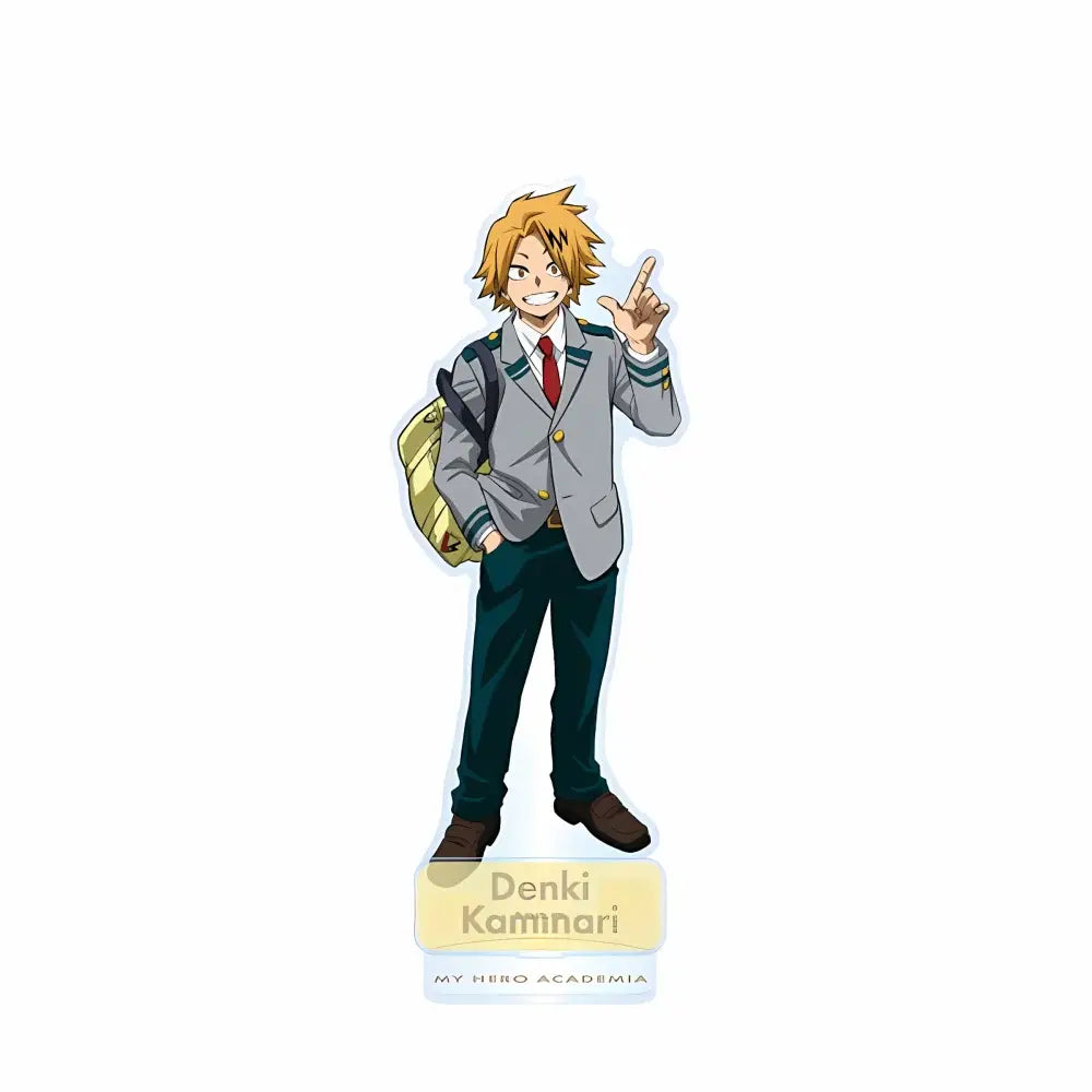 A clear acrylic standee display piece featuring denki kaminari in school uniform with yellow backpack from my hero academia