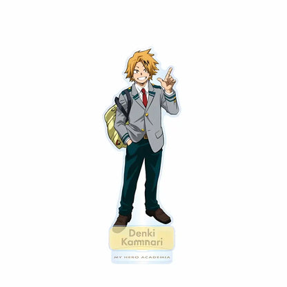 A clear acrylic standee display piece featuring denki kaminari in school uniform with yellow backpack from my hero academia