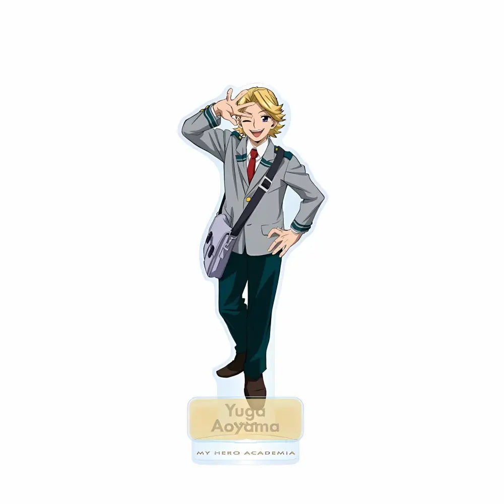 Blonde-haired izuku midoriya acrylic standee in gray school uniform with red tie and purple bag display piece