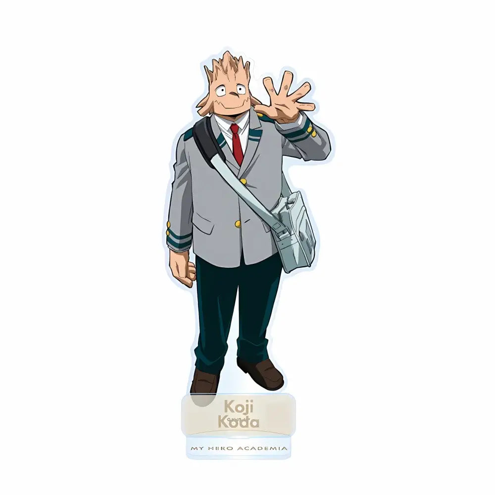 My Hero Academia acrylic standee of Koji Koda in gray and green uniform with red tie and brown shoes display piece