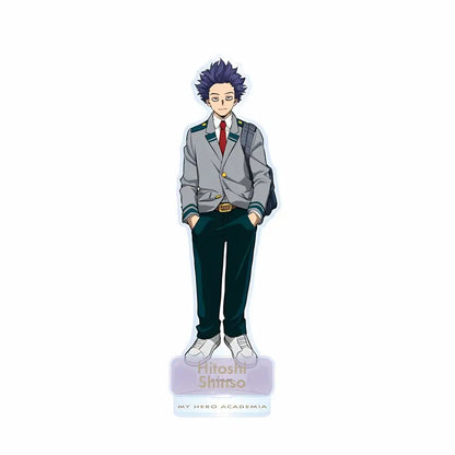 A clear acrylic display piece of hitoshi shitiro in school uniform with spiky purple hair for hero academia fans