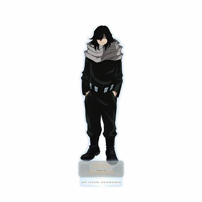 Black-haired izuku midoriya acrylic standee in black outfit with gray scarf on clear base hero academia display piece