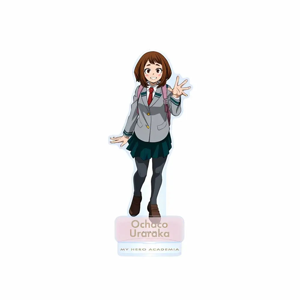 A clear acrylic standee keychain of ochaco uraraka in her gray blazer and dark green skirt for display piece