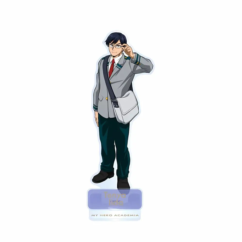 Gray and black izuku midoriya acrylic standee with glasses on a transparent base perfect as a display piece
