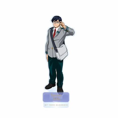 Gray and black izuku midoriya acrylic standee with glasses on a transparent base perfect as a display piece