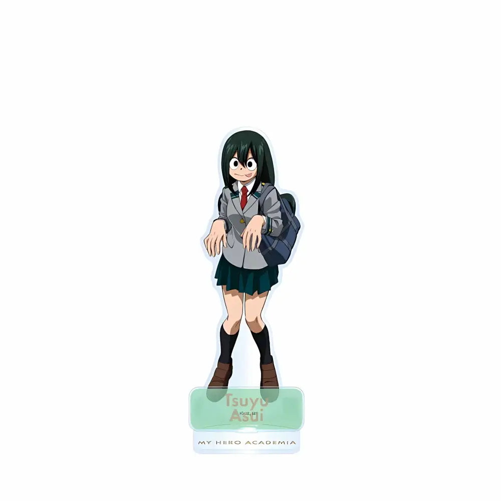 A translucent green acrylic standee featuring izuku midoriya in a gray school uniform for display piece use