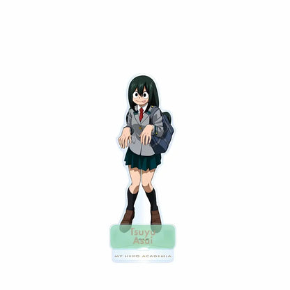 A translucent green acrylic standee featuring izuku midoriya in a gray school uniform for display piece use