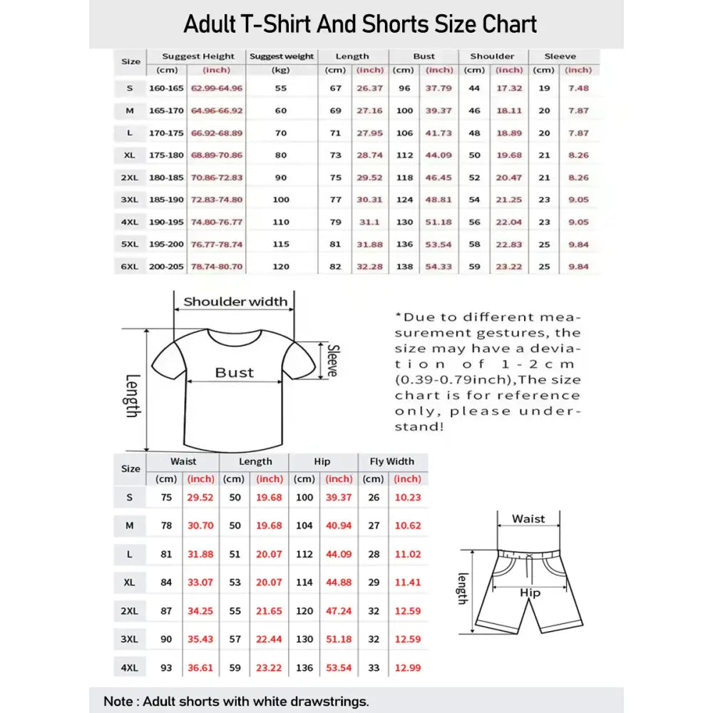 Adult t-shirt and shorts size chart in cm and inches for izuku midoriya athleisure quick-dry set sizes s to 4xl