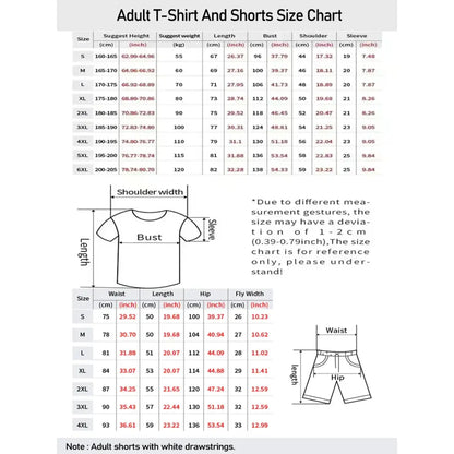 Adult t-shirt and shorts size chart in cm and inches for izuku midoriya athleisure quick-dry set sizes s to 4xl