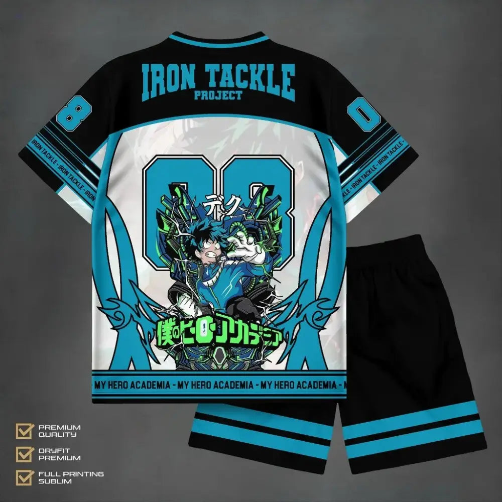 Black and teal quick-dry izuku midoriya athleisure set with sublimated hero academia graphic and number 08 on back
