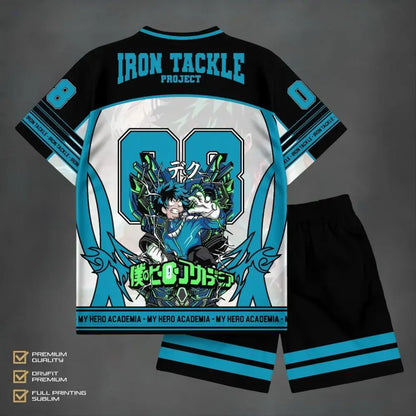 Black and teal quick-dry izuku midoriya athleisure set with sublimated hero academia graphic and number 08 on back