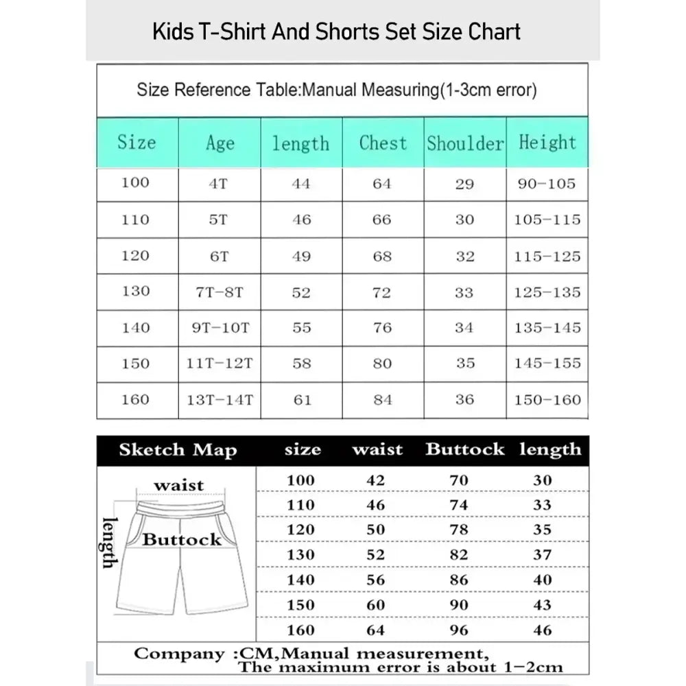 Kids t-shirt and shorts size chart with detailed measurements for izuku midoriya athleisure quick-dry hero academia set